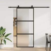 Schuifdeur met beslagset 90x205 cm gehard glas zwart