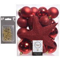 33x stuks kunststof kerstballen 5, 6 en 8 cm rood inclusief ster piek en kerstbalhaakjes - Kerstbal - thumbnail