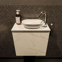Mondiaz Fowy toiletmeubel 50cm Carrara met blad en waskom talc rechts 1 kraangat Mondiaz Fowy toiletmeubel 50cm Carrara met blad en waskom talc rechts 1 kraangat