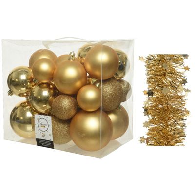 Kerstversiering kunststof kerstballen 6-8-10 cm met sterren folieslingers pakket goud van 28x stuks