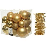 Kerstversiering kunststof kerstballen 6-8-10 cm met sterren folieslingers pakket goud van 28x stuks