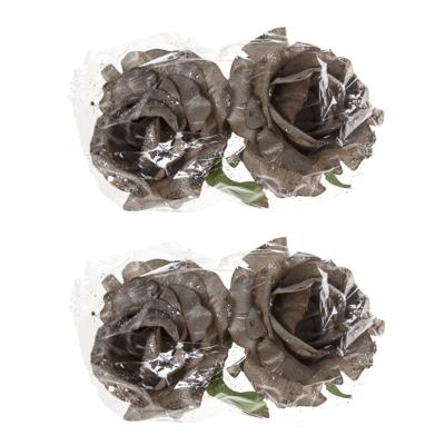 Kerstboomversiering Bloemen - 6x stuks - 10 cm - zilver glitter - op clip - ornament