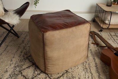 Retro poef MUSTANG lederen bekleding 45cm met linnen zitkubus - 39525