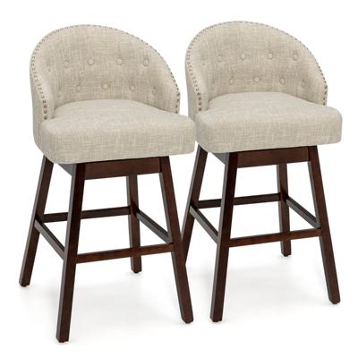 Set van 2 Draaibare Barstoelen Rubberhouten Poten Gecapitonneerde Rugleuning Ademende Linnen Stof voor Bar Hotelgebruik
