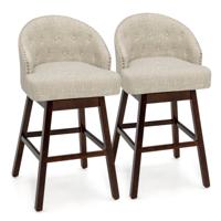 Set van 2 Draaibare Barstoelen Rubberhouten Poten Gecapitonneerde Rugleuning Ademende Linnen Stof voor Bar Hotelgebruik