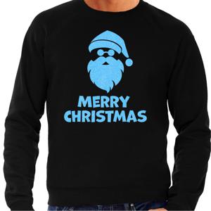 Foute Kersttrui/sweater voor heren - Merry Christmas - zwart - glitter blauw - kerstman