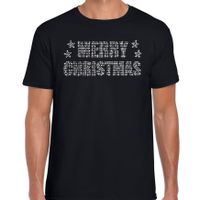 Glitter kerst t-shirt zwart Merry Christmas glitter steentjes voor heren - Glitter kerst shirt 2XL  -