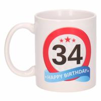 34 jaar Verjaardag koffiemok - cadeau beker - stopbord print - 300 ml - keramiek - wit