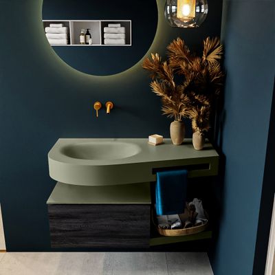 MONDIAZ RIVA 100cm badmeubel onderkast / planchet kleur Antracite met 1 lade. Wastafel DULCET links 0 kraangaten kleur Army.