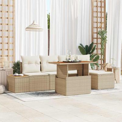 6-delige tuinsofa set met kussens in beige, van poly rattan