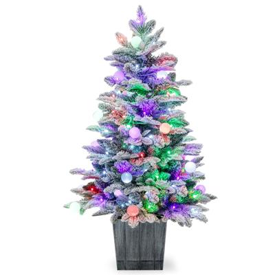 100 cm Voorverlichte Kunstkerstboom Kerstboom in Pot met Sneeuwvlokken 148 PVC en PE Uiteinden 80 Gekleurde LED-Lampjes