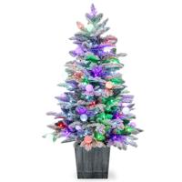 100 cm Voorverlichte Kunstkerstboom Kerstboom in Pot met Sneeuwvlokken 148 PVC en PE Uiteinden 80 Gekleurde LED-Lampjes