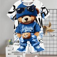 Boys' Cartoon Bear Print Short Sleeve Shirt and Shorts Set White-5 / 7Y