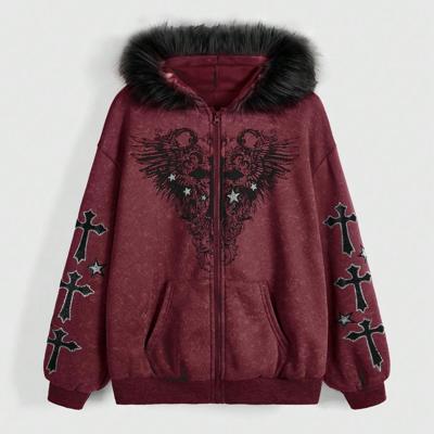 Bon&Bon Fairycore Oversized Zip Up Fuzzy Hoodie - Cross & Wing Print Burgundy / S