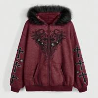 Bon&Bon Fairycore Oversized Zip Up Fuzzy Hoodie - Cross & Wing Print Burgundy / S