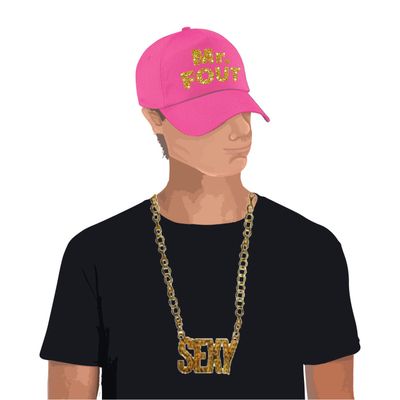 Mr. FOUT baseballcap roze/goud heren en een gouden sexy ketting