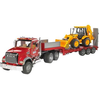 bruder MACK Granite truck met dieplader en JCB 4CX modelvoertuig