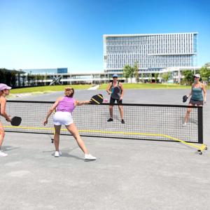 674,5 cm Draagbaar Pickleballnet Sterk PE Outdoor Badmintonnet met 6 Vergrendelbare Wielen Metalen Frame Draagtas voor Binnen/Buiten