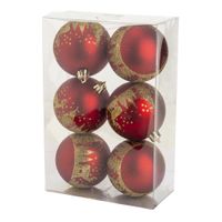 Gedecoreerde kerstballen - 6x st - 8 cm - kunststof - rood/goud