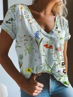 V Neck Floral Short Sleeve T-shirt