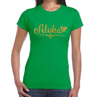 Hawaii verkleedkleding T-shirt - Aloha - groen - voor dames - met gouden letters