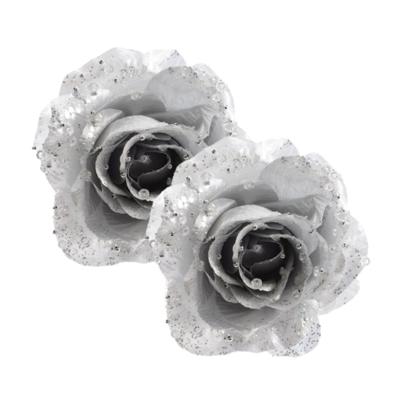 Kerstboomversiering Bloem - 2x - 12 cm - zilver - op clip - ornament - roos