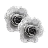 Kerstboomversiering Bloem - 2x - 12 cm - zilver - op clip - ornament - roos