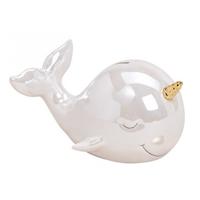 Luxe spaarpot Narwal walvis - keramiek - zeedieren - glans wit - 18 cm