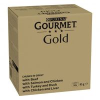 Gourmet Gold Fijne Hapjes in saus met rund, kip-lever, zalm-kip, kalkoen-eend natvoer kat (85 g) 96 x 85 g - thumbnail
