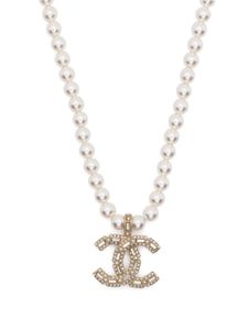 CHANEL Pre-Owned collier orné de perles artificielles à pendentif CC (années 2000) - Blanc