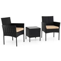 3-Delige Tuinset met Tafel en 2 Comfortabele Stoelen van Gehard Glas Afneembare Kussens Metalen Frame-Geelbruin