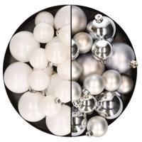 Kerstversiering kunststof kerstballen mix zilver/winter wit 4-6-8 cm pakket van 68x stuks - Kerstbal