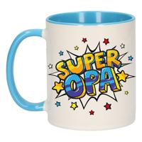 Super opa cadeau koffiemok / theebeker - wit en blauw met sterren - 300 ml - keramiek