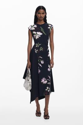 Asymmetrische bloemenjurk - BLACK - S