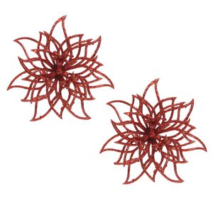 2x stuks decoratie bloemen kerstster rood glitter op clip 14 cm