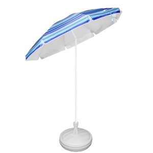 Blauw gestreepte gekleurde tuin/strand parasol 200 cm met wit voet van 42 cm