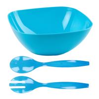 Salade/fruit diepe serveerschaal - blauw - kunststof - 28 x 11 cm - met couvert/bestek in het blauw