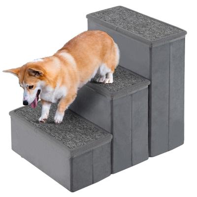 3-Staps Hondentrap Draagbare Huisdierladder Opvouwbare Anti-Slip Hondenhelling Obergvakken voor Puppyspeelgoed en Traktaties Grijs