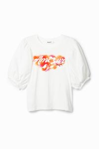 T-shirt met pofmouwen en tekst - WHITE - M