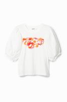 T-shirt met pofmouwen en tekst - WHITE - S