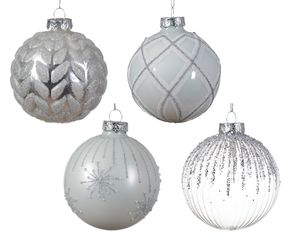 Kerstbal glas d8 cm wit/zlvr ass kerst - Decoris