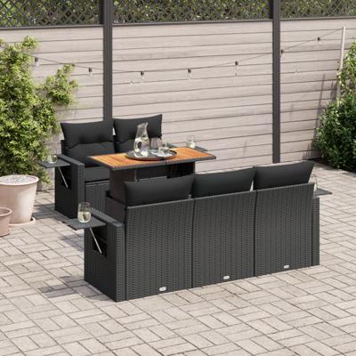6-delige Loungeset met kussens poly rattan zwart