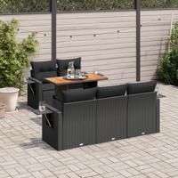 6-delige Loungeset met kussens poly rattan zwart
