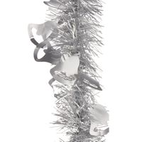 Lametta kerstslingers - 2x - zilver - folie - 200 x 12 cm - met kerstklokjes - thumbnail