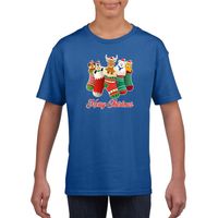 Kerst t-shirt Merry Christmas dieren kerstsokken blauw kids - thumbnail