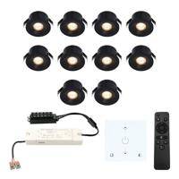Set van 10 Cadiz LED Mini Inbouwspots met Trafo en Muurdimmer - 12 Volt 3 Watt 200 lumen - Dimbaar - Plat 26mm - 2700K - IP44 waterdicht - Zwart - Veranda Spotjes - Overkapping Spotjes