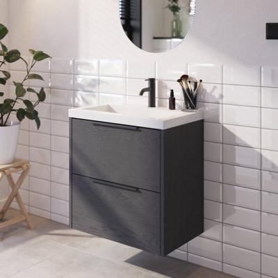Saqu Lima voorgemonteerd ondiep badmeubel met mat zwarte greep incl. wastafel 60x40cm gebrand zwart