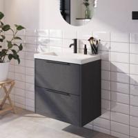 Saqu Lima voorgemonteerd ondiep badmeubel met mat zwarte greep incl. wastafel 60x40cm gebrand zwart