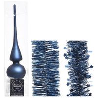 Kerstversiering glazen piek mat 26 cm en folieslingers pakket donkerblauw van 3x stuks - thumbnail