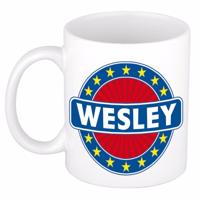 Wesley voornaam koffiemok - beker - wit/blauw - 300 ml - Cadeau - Heren - Collega - Vaderdag